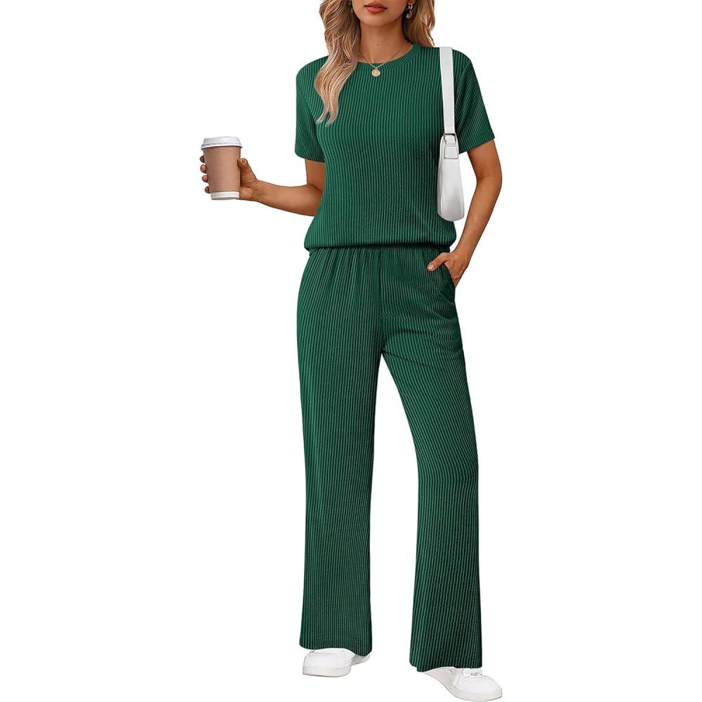 imageEkouaer Lounge Sets for Women 2 Piece Matching Travel Outfits 2026 Loose Short Sleeve Top Wide Leg Pants PocketsForestgreen