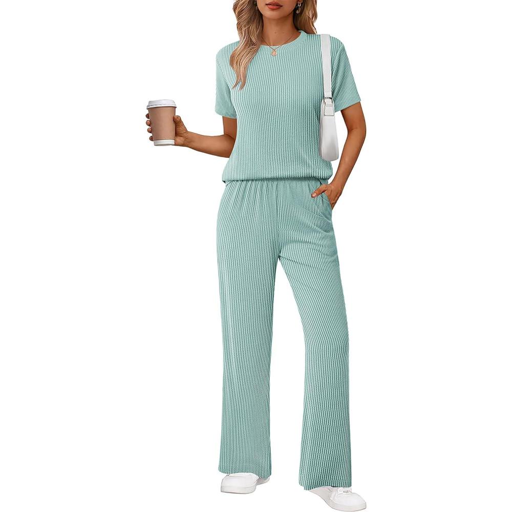 imageEkouaer Lounge Sets for Women 2 Piece Matching Travel Outfits 2026 Loose Short Sleeve Top Wide Leg Pants PocketsGlacial Green