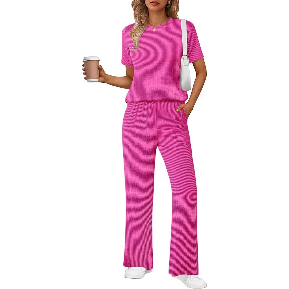 imageEkouaer Lounge Sets for Women 2 Piece Matching Travel Outfits 2026 Loose Short Sleeve Top Wide Leg Pants PocketsHot Pink