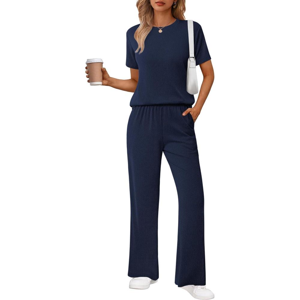 imageEkouaer Lounge Sets for Women 2 Piece Matching Travel Outfits 2026 Loose Short Sleeve Top Wide Leg Pants PocketsNavy Blue