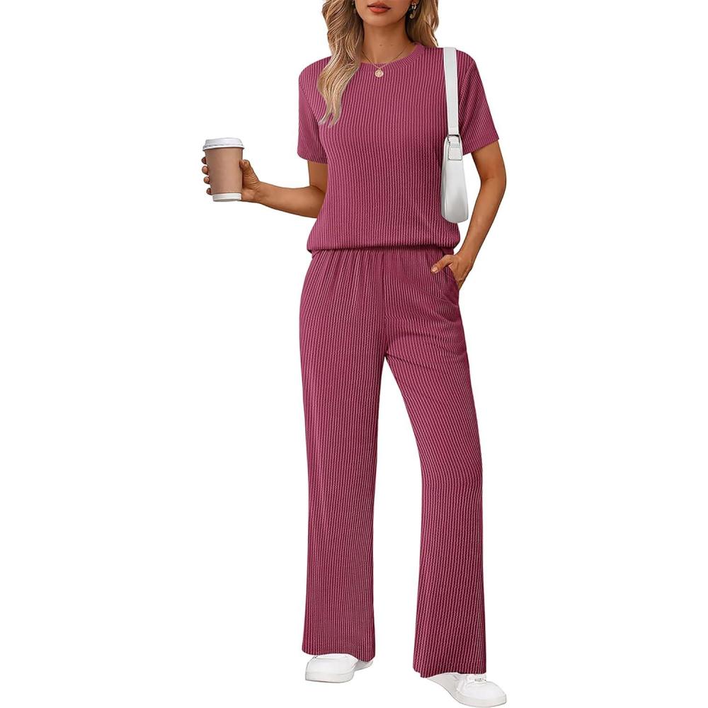 imageEkouaer Lounge Sets for Women 2 Piece Matching Travel Outfits 2026 Loose Short Sleeve Top Wide Leg Pants PocketsRose Red