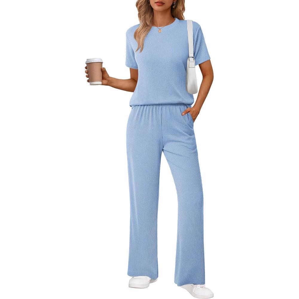 imageEkouaer Lounge Sets for Women 2 Piece Matching Travel Outfits 2026 Loose Short Sleeve Top Wide Leg Pants PocketsSky Blue