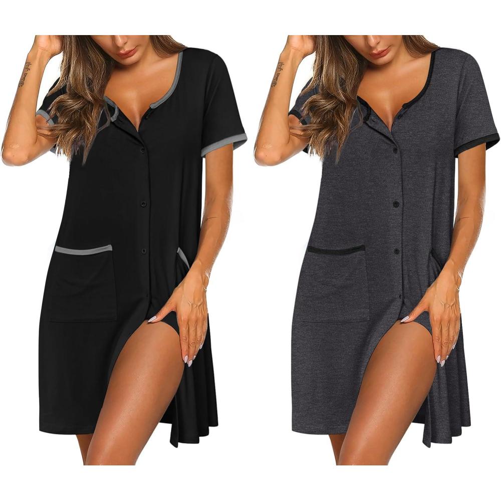 imageEkouaer Nightgowns for Women 2 Pack Button Down Sleep Shirts Short Sleeve Nightshirt Sleepwear House Dress with PocketsBlackDark Grey