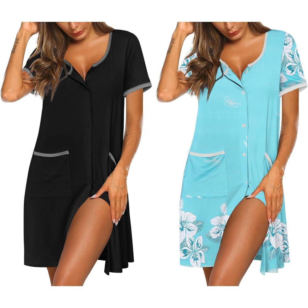 imageEkouaer Nightgowns for Women 2 Pack Button Down Sleep Shirts Short Sleeve Nightshirt Sleepwear House Dress with PocketsBlackGreen Floral