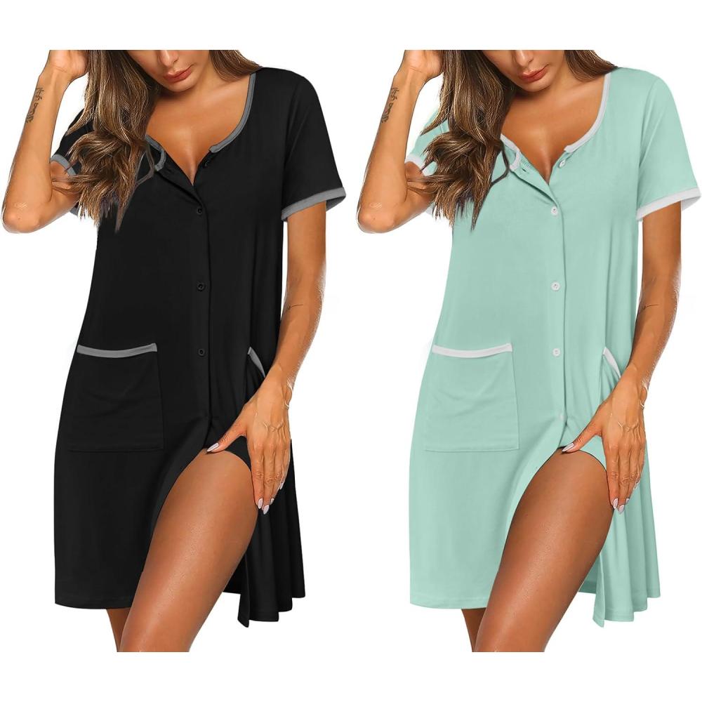 imageEkouaer Nightgowns for Women 2 Pack Button Down Sleep Shirts Short Sleeve Nightshirt Sleepwear House Dress with PocketsBlackMint Green