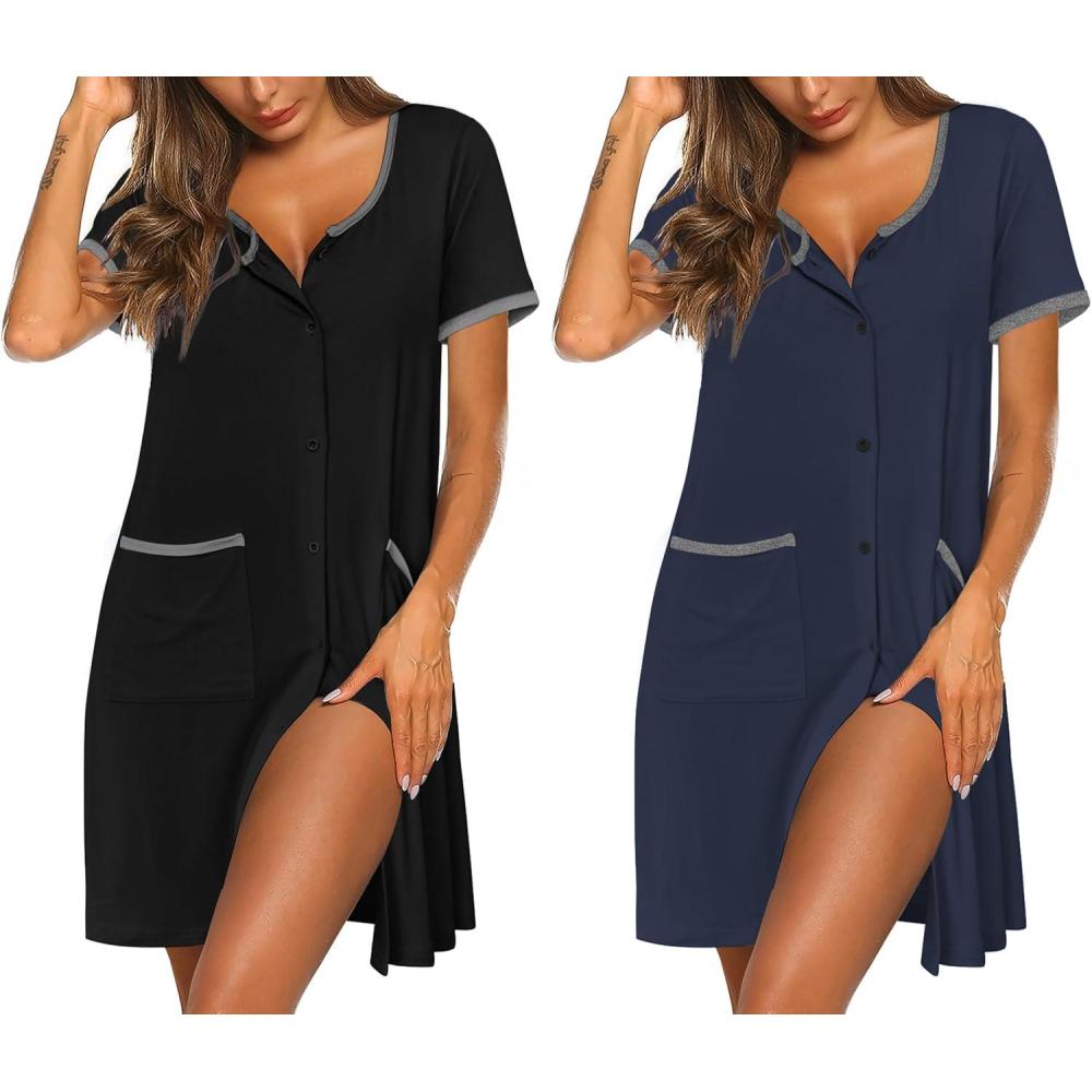 imageEkouaer Nightgowns for Women 2 Pack Button Down Sleep Shirts Short Sleeve Nightshirt Sleepwear House Dress with PocketsBlackNavy Blue