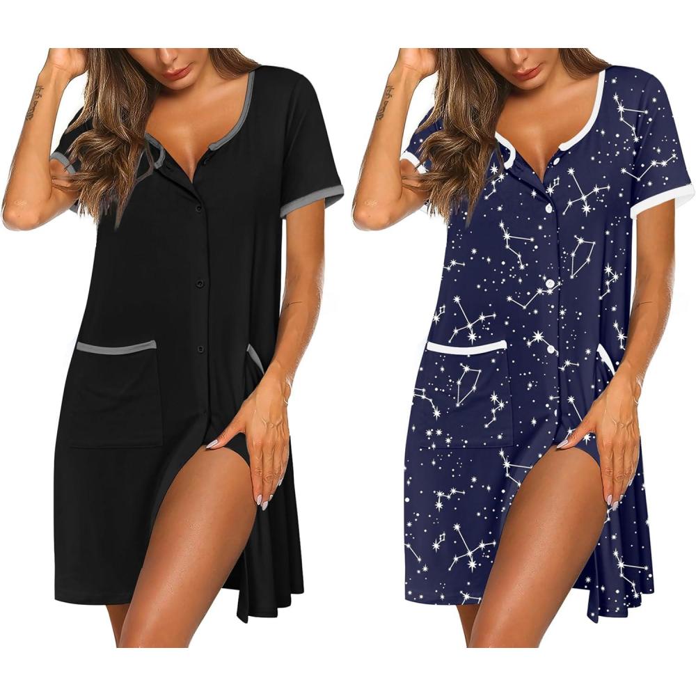 imageEkouaer Nightgowns for Women 2 Pack Button Down Sleep Shirts Short Sleeve Nightshirt Sleepwear House Dress with PocketsBlackNavy Star
