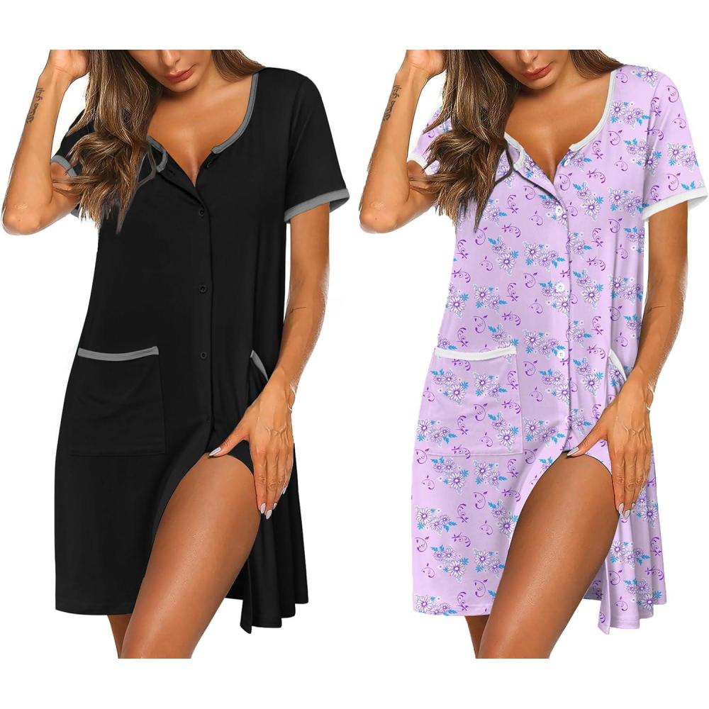 imageEkouaer Nightgowns for Women 2 Pack Button Down Sleep Shirts Short Sleeve Nightshirt Sleepwear House Dress with PocketsBlackPurple Floral