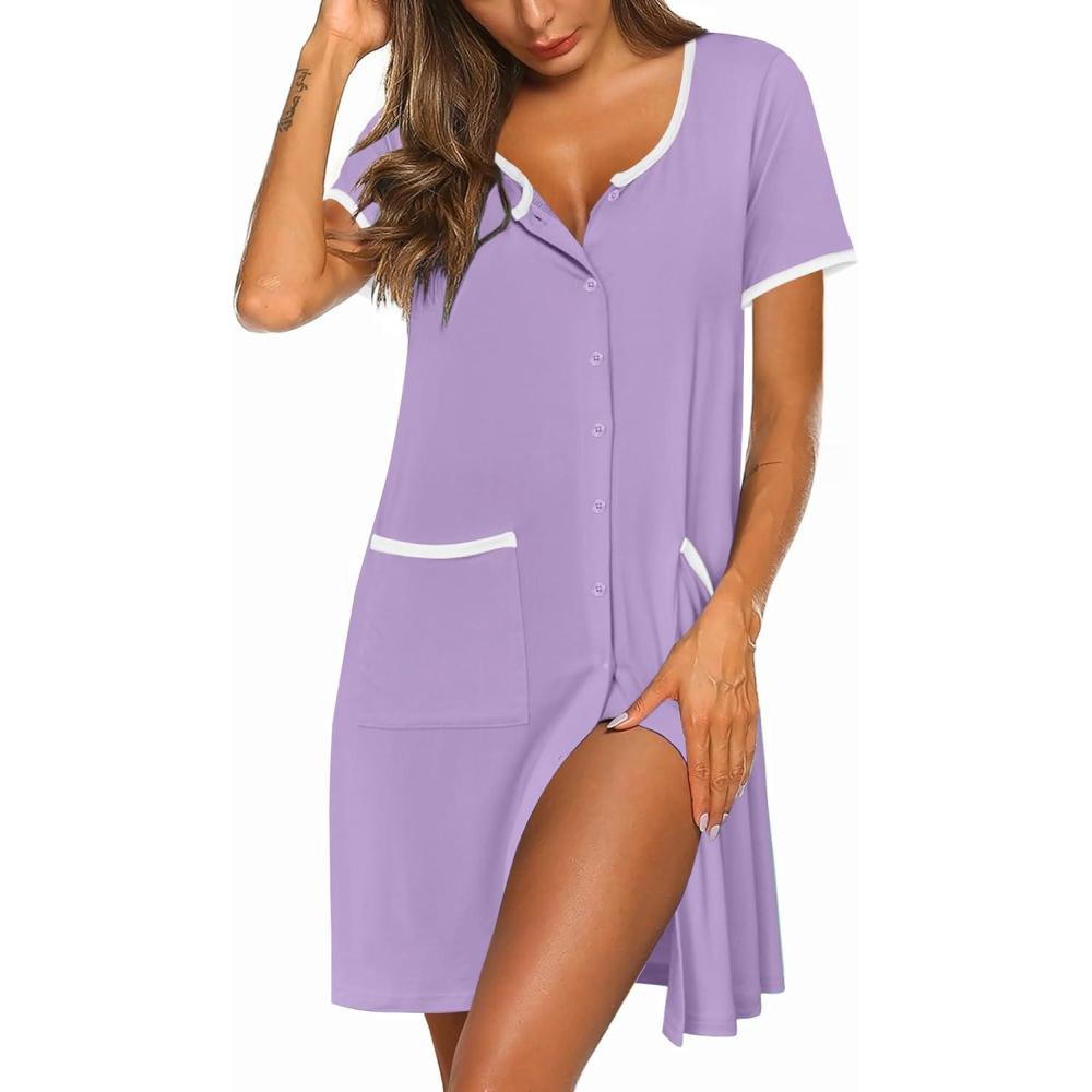 imageEkouaer Nightgowns for Women Bamboo Viscose Button Down Sleep Shirts Short Sleeve Nightshirts House Dress with PocketsLight Purple