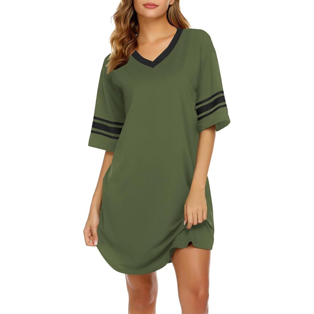 imageEkouaer Nightgowns for Women Bamboo Viscose Nightgown Short Sleeve Sleep Shirts V Neck Nightshirt Soft SleepwearArmy Green