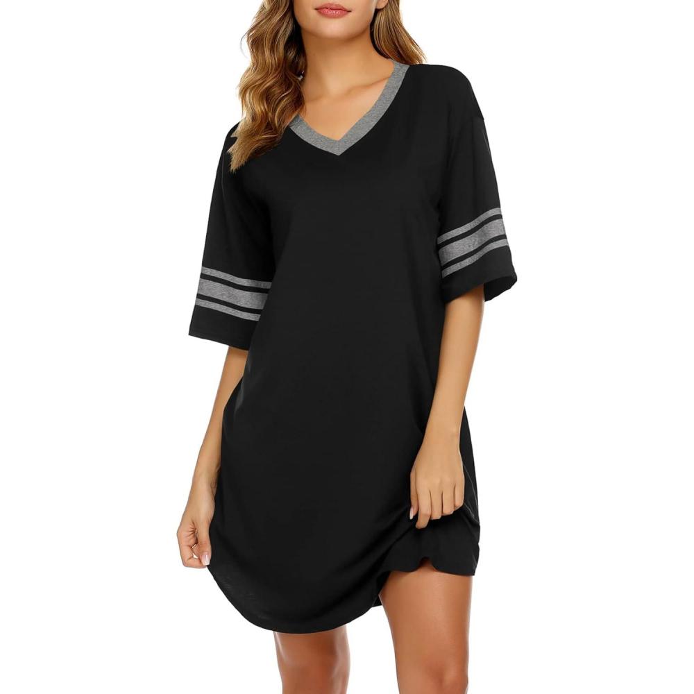 imageEkouaer Nightgowns for Women Bamboo Viscose Nightgown Short Sleeve Sleep Shirts V Neck Nightshirt Soft SleepwearBlack