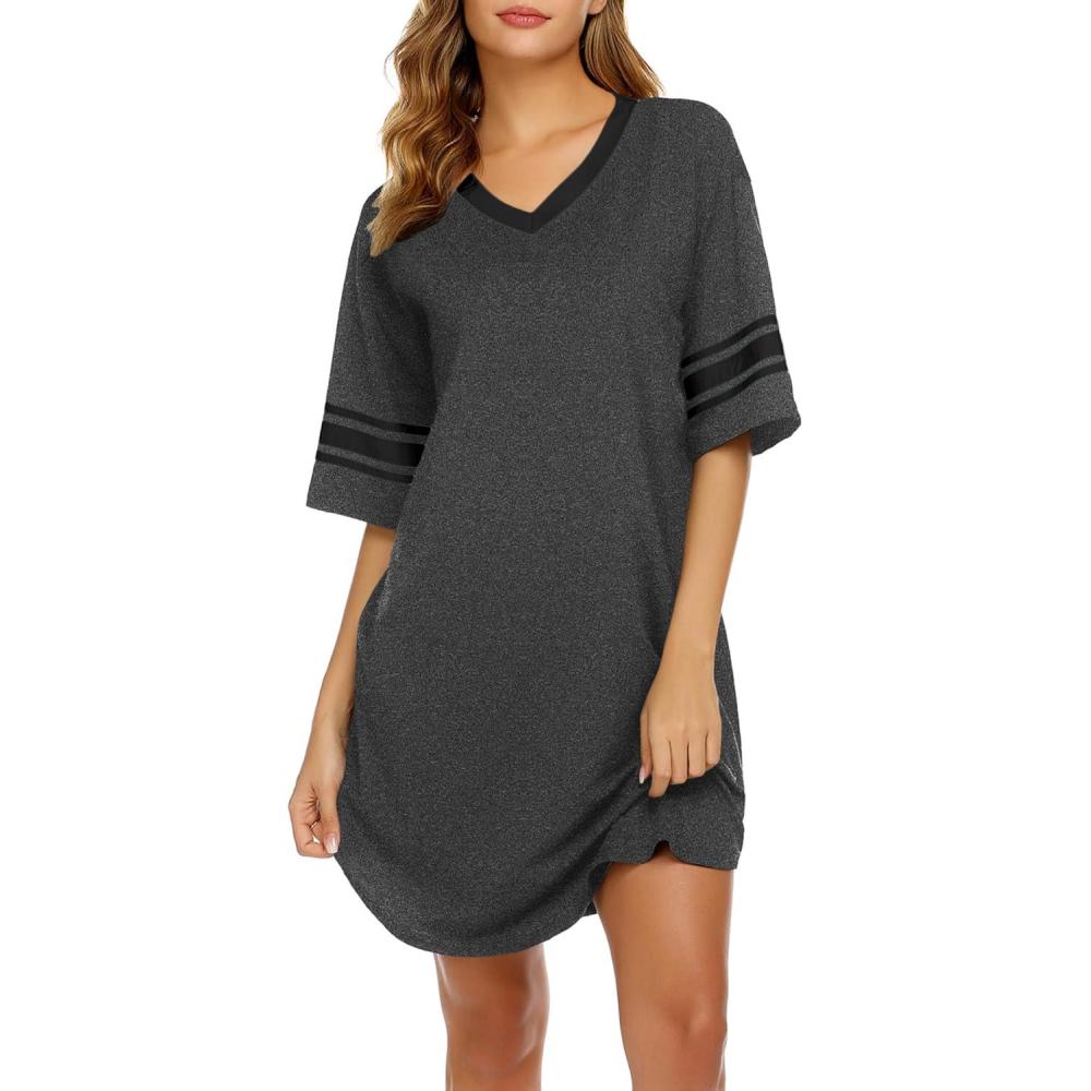 imageEkouaer Nightgowns for Women Bamboo Viscose Nightgown Short Sleeve Sleep Shirts V Neck Nightshirt Soft SleepwearDark Grey