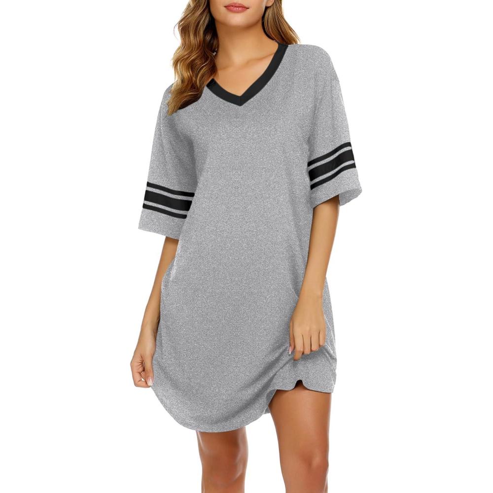 imageEkouaer Nightgowns for Women Bamboo Viscose Nightgown Short Sleeve Sleep Shirts V Neck Nightshirt Soft SleepwearLight Grey