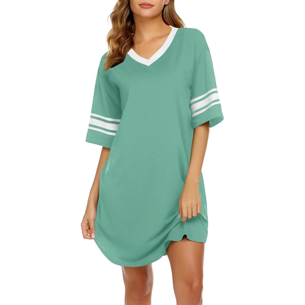 imageEkouaer Nightgowns for Women Bamboo Viscose Nightgown Short Sleeve Sleep Shirts V Neck Nightshirt Soft SleepwearMid Green