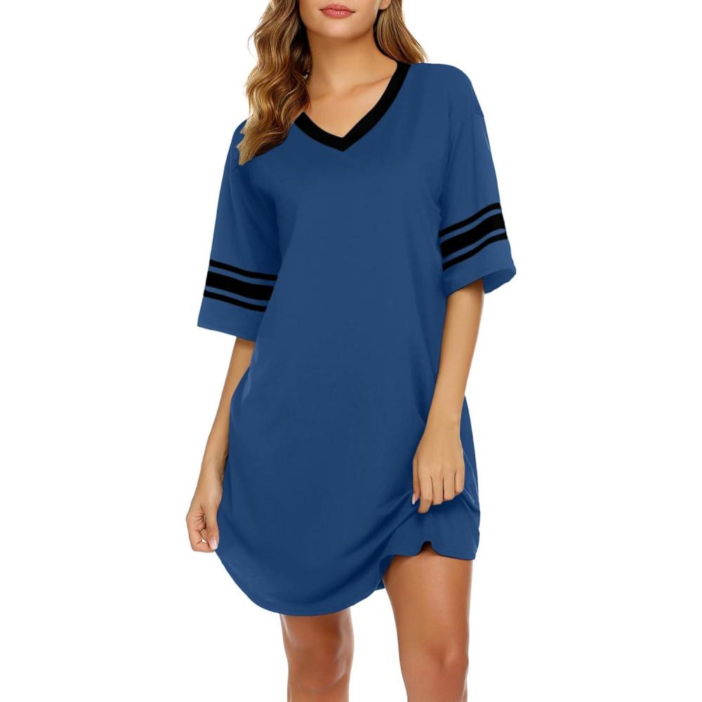 imageEkouaer Nightgowns for Women Bamboo Viscose Nightgown Short Sleeve Sleep Shirts V Neck Nightshirt Soft SleepwearNavy