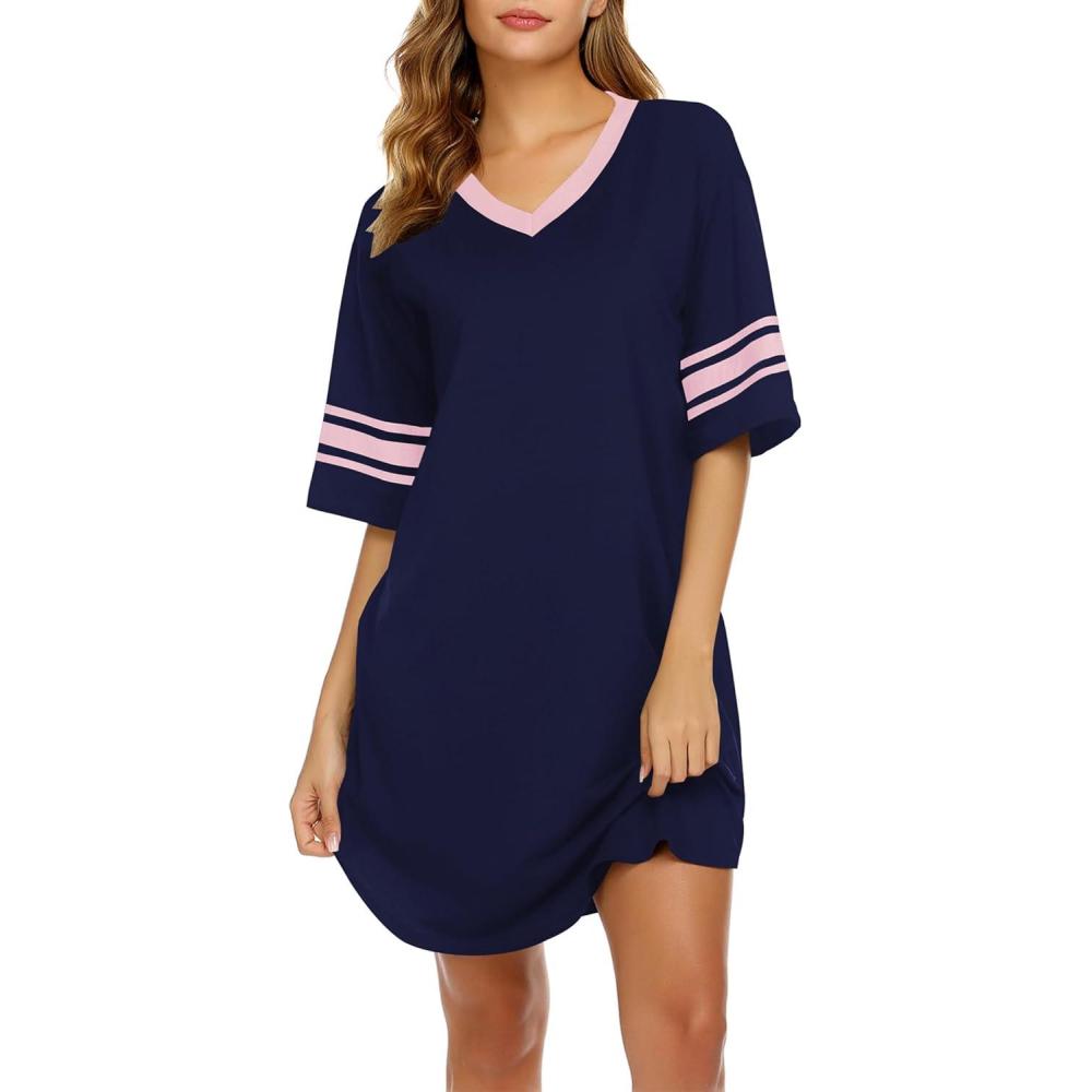 imageEkouaer Nightgowns for Women Bamboo Viscose Nightgown Short Sleeve Sleep Shirts V Neck Nightshirt Soft SleepwearNavy Blue