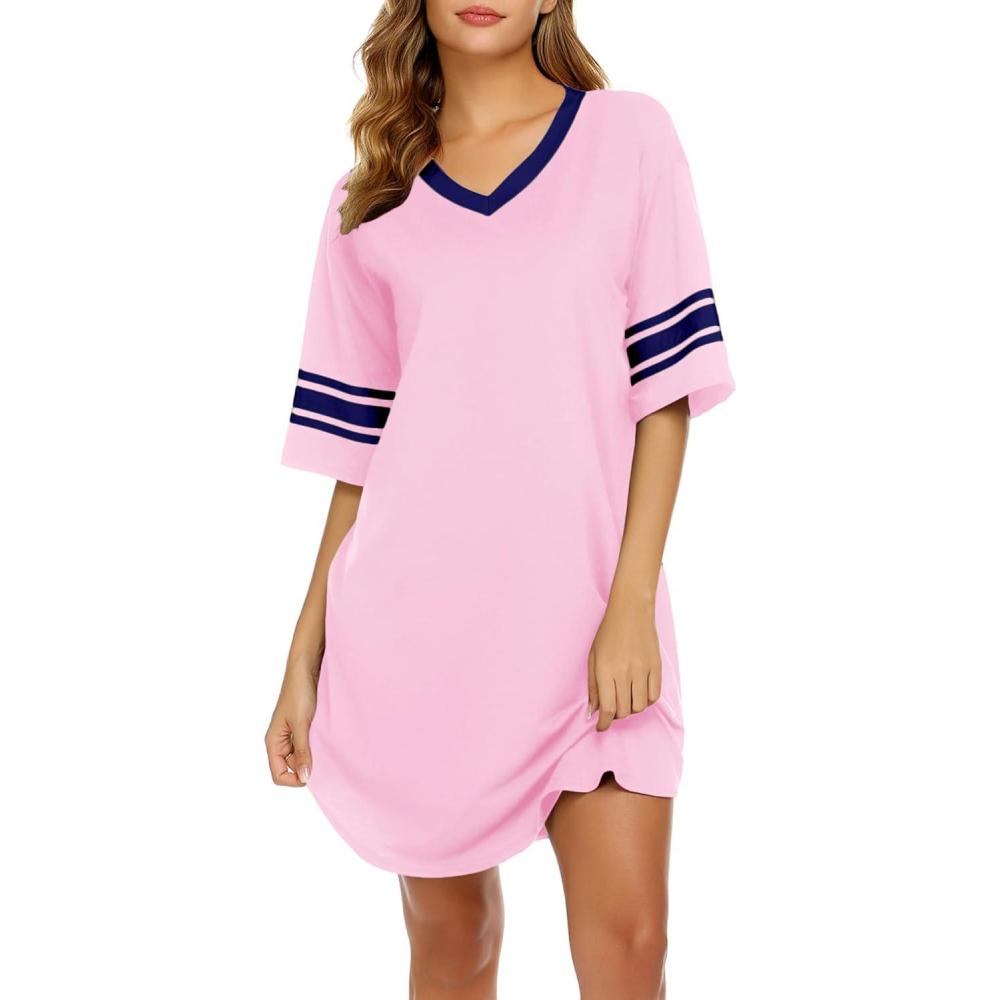 imageEkouaer Nightgowns for Women Bamboo Viscose Nightgown Short Sleeve Sleep Shirts V Neck Nightshirt Soft SleepwearPink