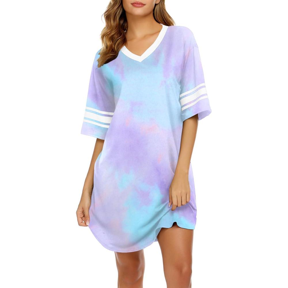 imageEkouaer Nightgowns for Women Bamboo Viscose Nightgown Short Sleeve Sleep Shirts V Neck Nightshirt Soft SleepwearTie Dye