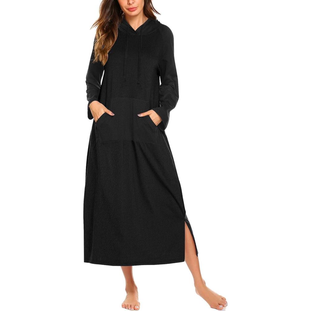 imageEkouaer Nightgowns for Women Fleece Nightgown Long Sleeve Sleepwear Hooded Night Gown Long Sleep Shirt with PocketBlack 2