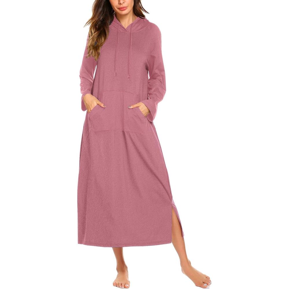 imageEkouaer Nightgowns for Women Fleece Nightgown Long Sleeve Sleepwear Hooded Night Gown Long Sleep Shirt with PocketRed