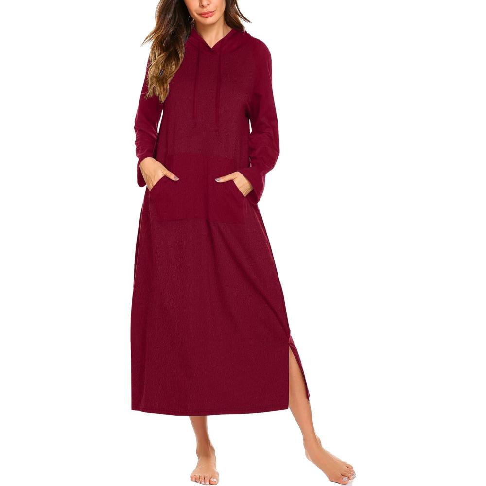 imageEkouaer Nightgowns for Women Fleece Nightgown Long Sleeve Sleepwear Hooded Night Gown Long Sleep Shirt with PocketWine Red