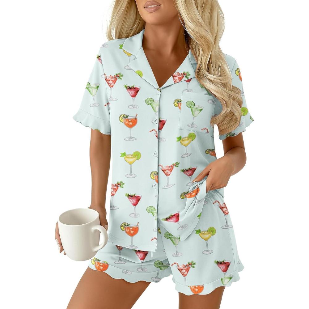 imageEkouaer Pajamas Set for Women Button Down Pjs Lounge Sets Ruffle Short Sleeve Sleepwear Cute LoungewearGreen Cocktail Glass