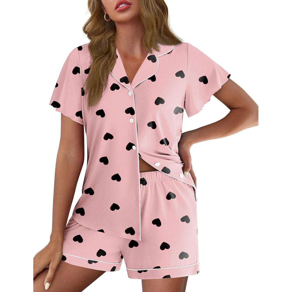 imageEkouaer Pajamas for Women Set Button Up Pjs Short Sleeve Ruffle Sleepwear Notch Collar Bride Soft Pj Lounge Sets SXXLBlack Heart