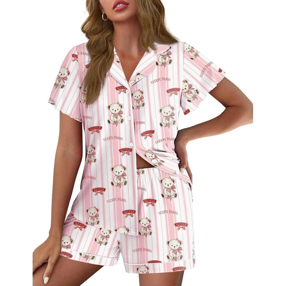 imageEkouaer Pajamas for Women Set Button Up Pjs Short Sleeve Ruffle Sleepwear Notch Collar Bride Soft Pj Lounge Sets SXXLBow Teddy Paris