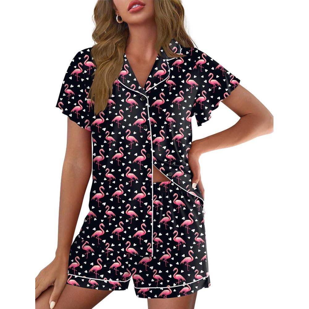 imageEkouaer Pajamas for Women Set Button Up Pjs Short Sleeve Ruffle Sleepwear Notch Collar Bride Soft Pj Lounge Sets SXXLFlamingo