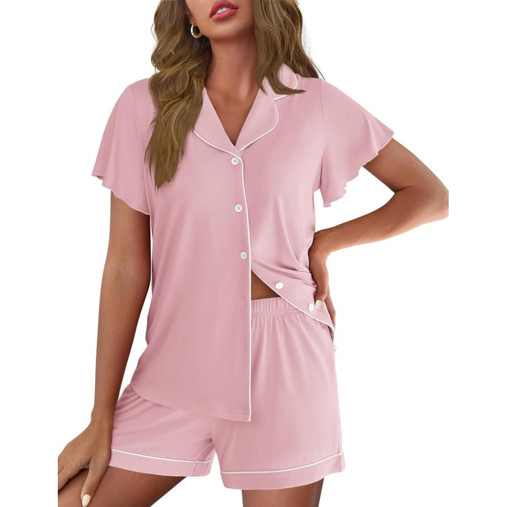 imageEkouaer Pajamas for Women Set Button Up Pjs Short Sleeve Ruffle Sleepwear Notch Collar Bride Soft Pj Lounge Sets SXXLLight Pink