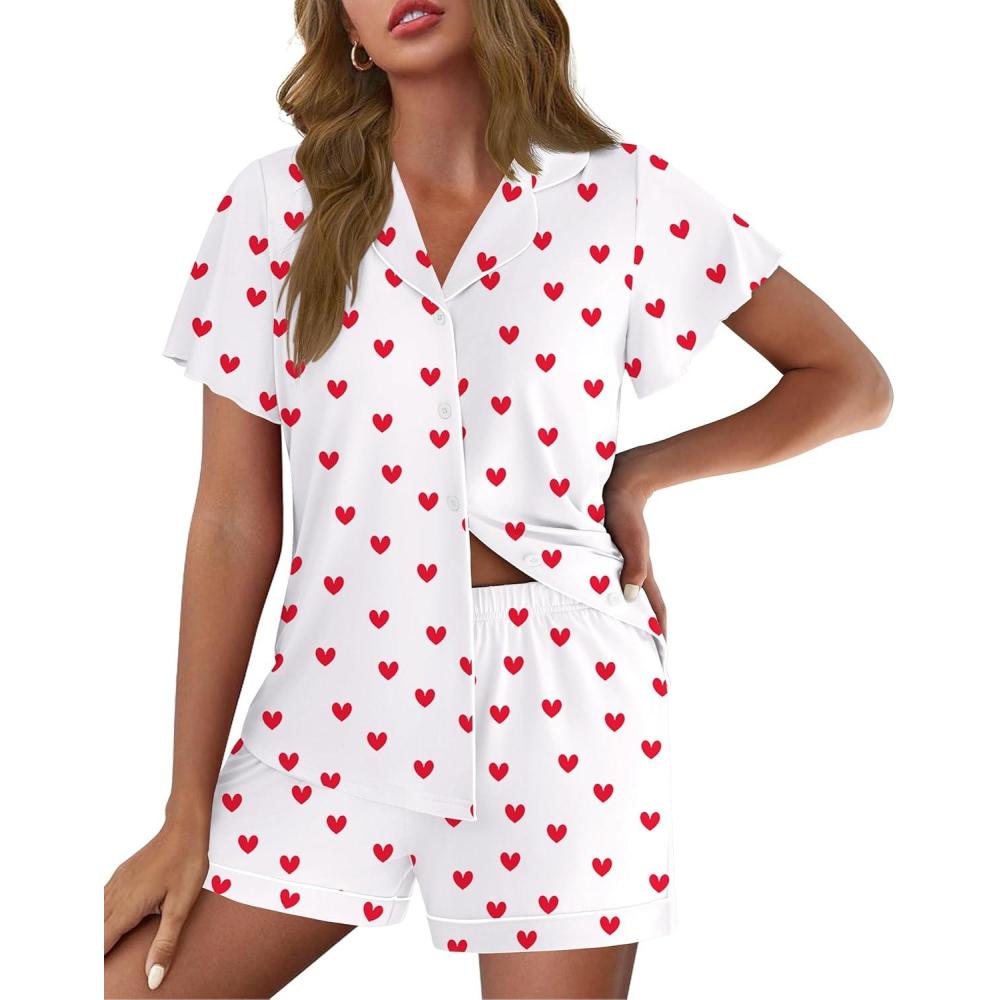 imageEkouaer Pajamas for Women Set Button Up Pjs Short Sleeve Ruffle Sleepwear Notch Collar Bride Soft Pj Lounge Sets SXXLWhite Love Heart