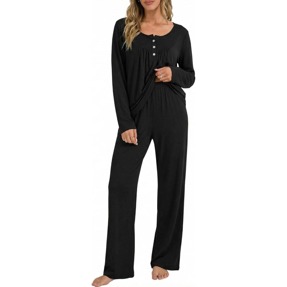 imageEkouaer Pajamas for Women Set Long Sleeve Sleepwear Top amp Pants Pjs Comfy 2 Piece Lounge Set with Pockets SXXLBlack