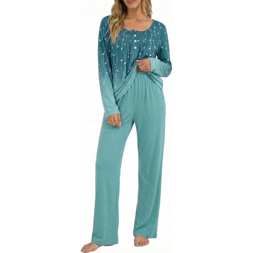 imageEkouaer Pajamas for Women Set Long Sleeve Sleepwear Top amp Pants Pjs Comfy 2 Piece Lounge Set with Pockets SXXLBluegreen Leaves