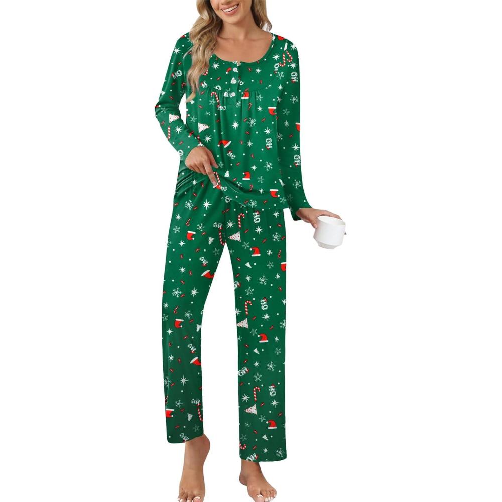 imageEkouaer Pajamas for Women Set Long Sleeve Sleepwear Top amp Pants Pjs Comfy 2 Piece Lounge Set with Pockets SXXLChristmas Green