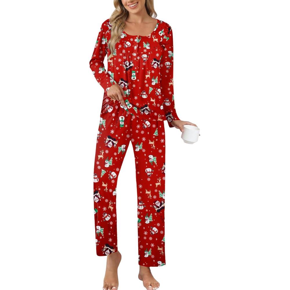 imageEkouaer Pajamas for Women Set Long Sleeve Sleepwear Top amp Pants Pjs Comfy 2 Piece Lounge Set with Pockets SXXLChristmas Red