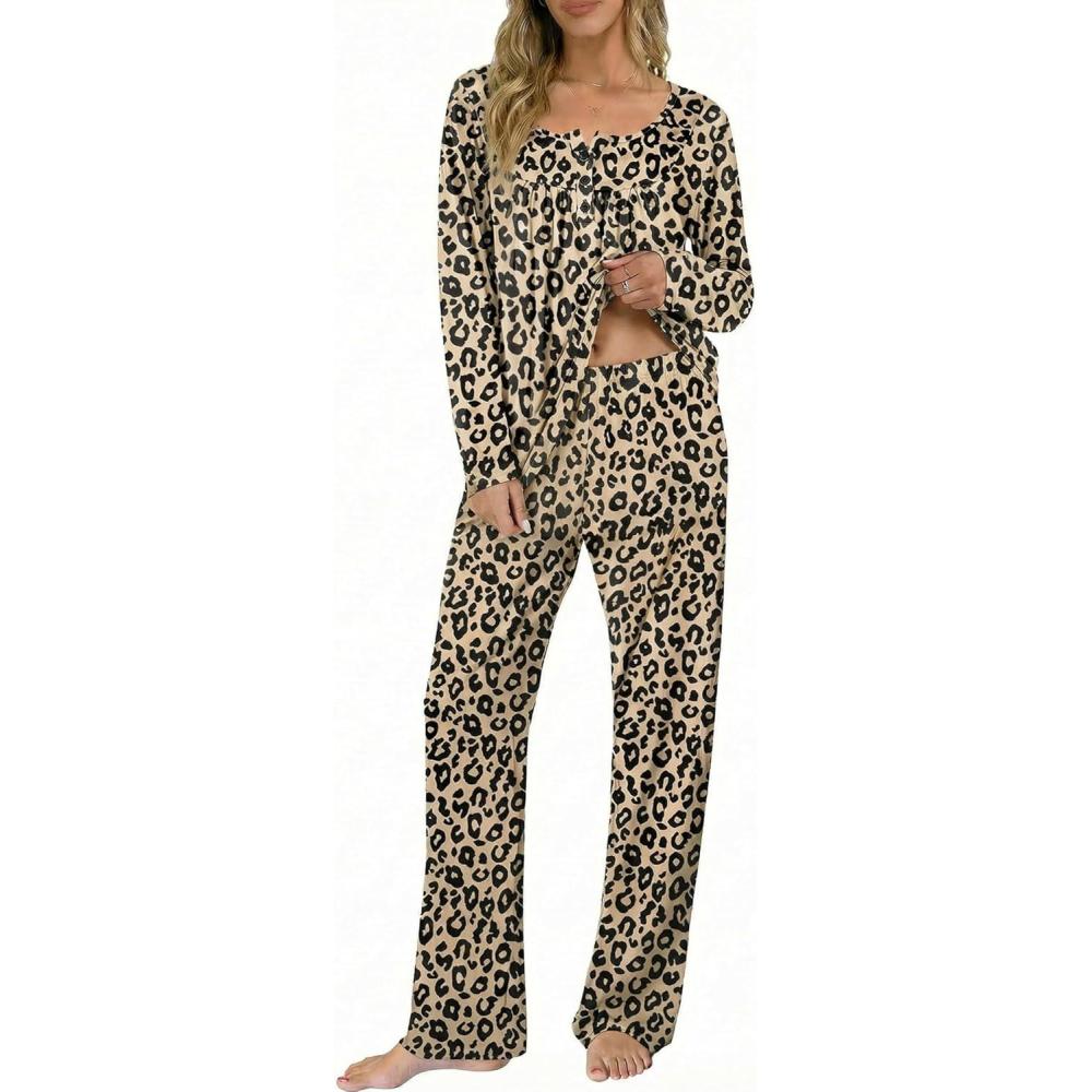 imageEkouaer Pajamas for Women Set Long Sleeve Sleepwear Top amp Pants Pjs Comfy 2 Piece Lounge Set with Pockets SXXLLeopard