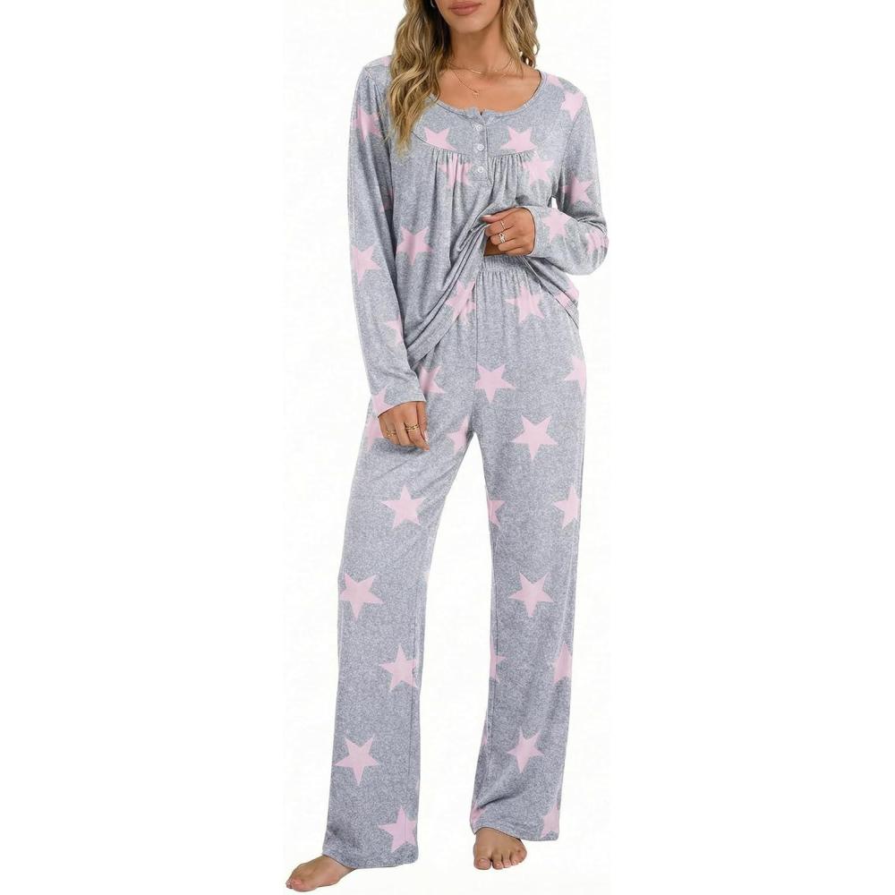 imageEkouaer Pajamas for Women Set Long Sleeve Sleepwear Top amp Pants Pjs Comfy 2 Piece Lounge Set with Pockets SXXLPink Stars