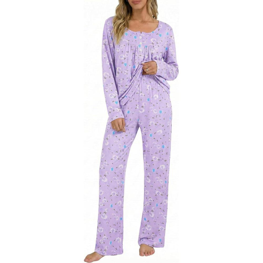 imageEkouaer Pajamas for Women Set Long Sleeve Sleepwear Top amp Pants Pjs Comfy 2 Piece Lounge Set with Pockets SXXLPurple Floral
