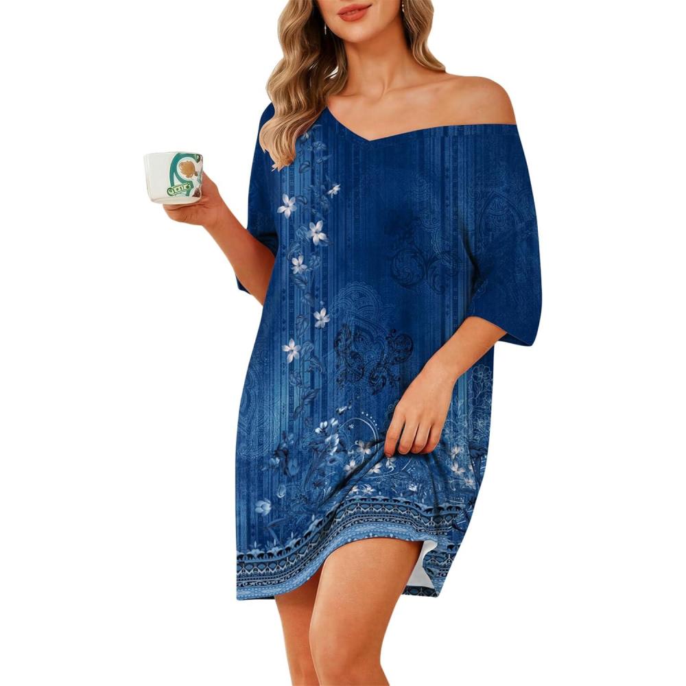 imageEkouaer Plus Size Nightgowns for Women Oversized Sleep Shirt Short Sleeve Nightshirt TShirt Dress Sleepwear S4XLBlue Flower