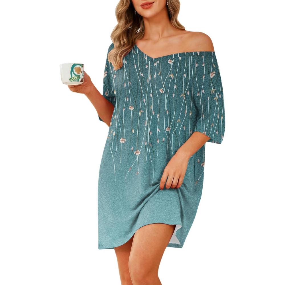 imageEkouaer Plus Size Nightgowns for Women Oversized Sleep Shirt Short Sleeve Nightshirt TShirt Dress Sleepwear S4XLBlue Green Flower