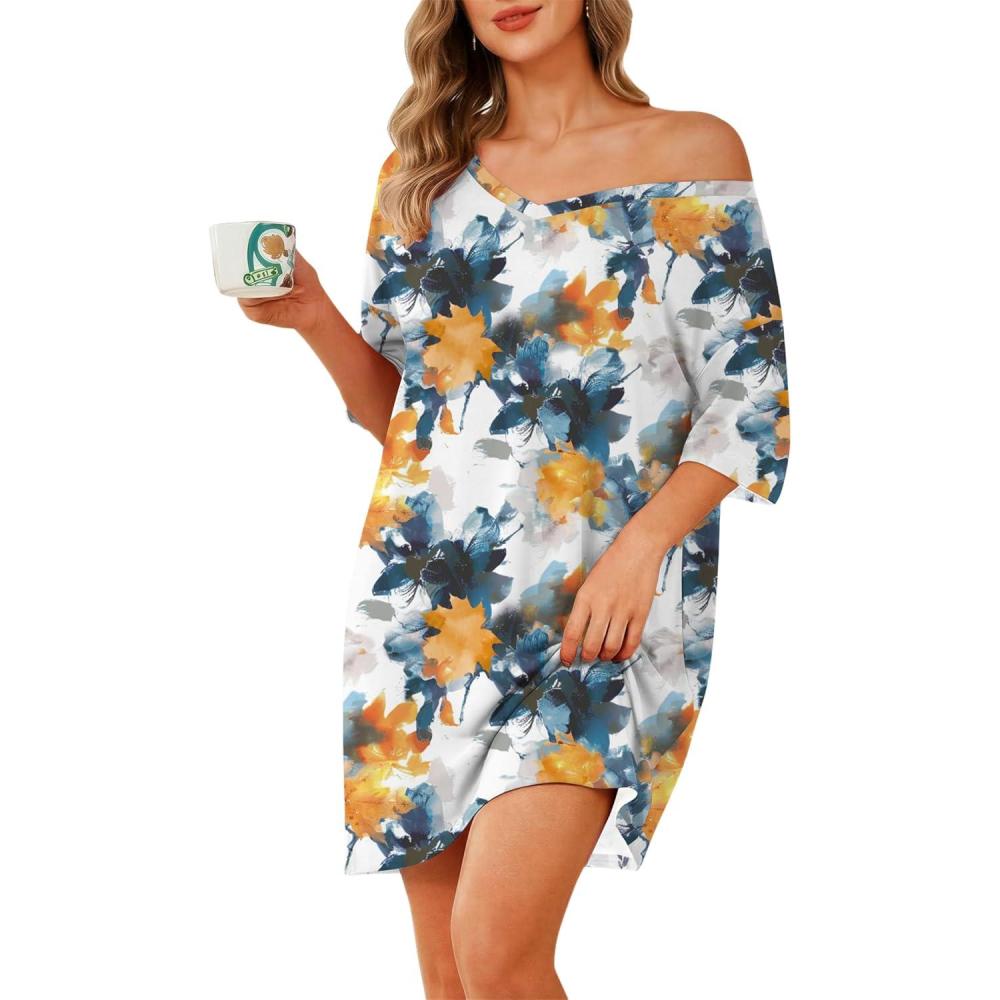 imageEkouaer Plus Size Nightgowns for Women Oversized Sleep Shirt Short Sleeve Nightshirt TShirt Dress Sleepwear S4XLFloral Tye Dye