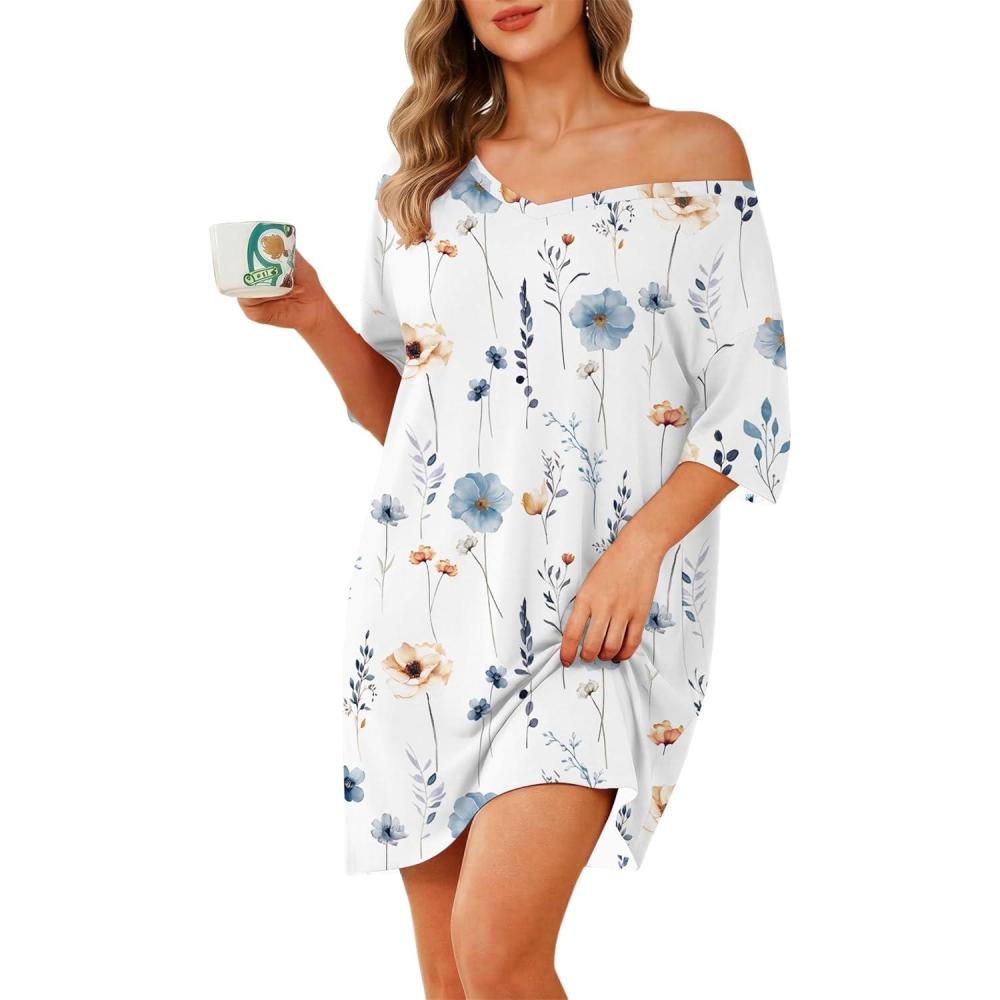 imageEkouaer Plus Size Nightgowns for Women Oversized Sleep Shirt Short Sleeve Nightshirt TShirt Dress Sleepwear S4XLWhite Flower
