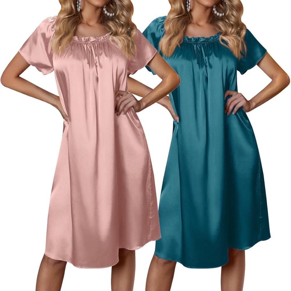 imageEkouaer Satin Nightgowns for Women 2 Pack Silk Nightgown Pleated Loose Night Shirts Short Sleeve Sleep ShirtsPinkBlue Green