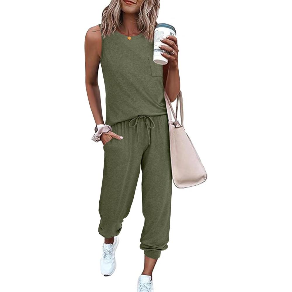 imageEkouaer Two Piece Sets for Women Casual Travel Vacation Outfits Sleeveless Tops and Jogger Pants Lounge SetArmy Green