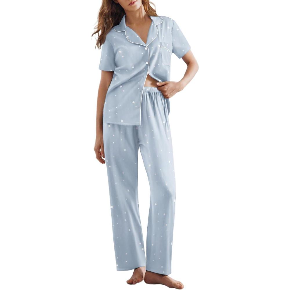 imageEkouaer Women Pajamas Set Button Down Sleepwear Short Sleeve Nightwear with Long Pants Soft Pjs Set SXXLBlue Star