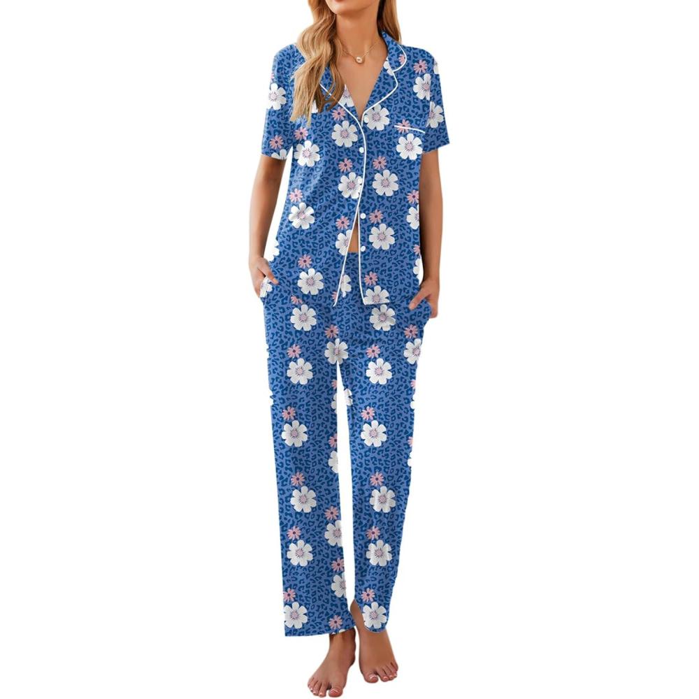 imageEkouaer Women Pajamas Set Button Down Sleepwear Short Sleeve Nightwear with Long Pants Soft Pjs Set SXXLFlowers Leopard An405