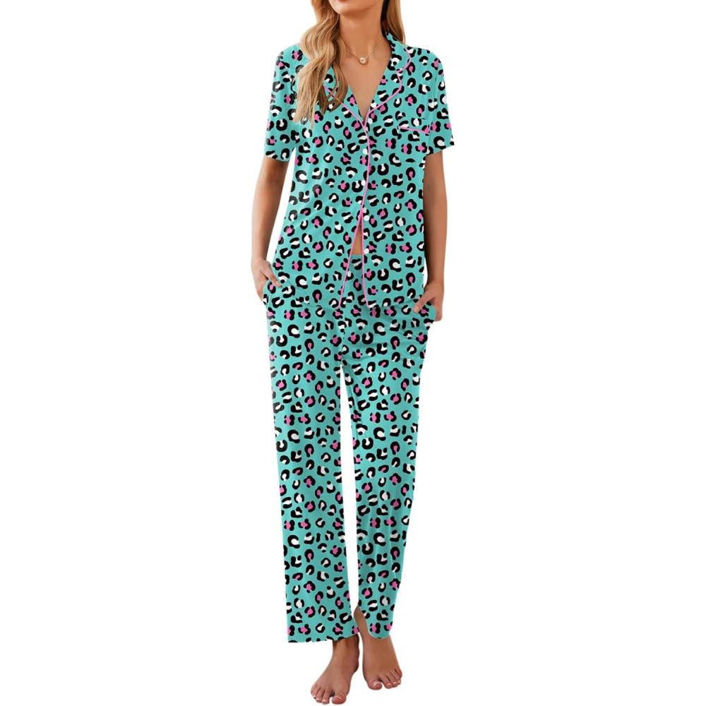 imageEkouaer Women Pajamas Set Button Down Sleepwear Short Sleeve Nightwear with Long Pants Soft Pjs Set SXXLGreen Leopard An387