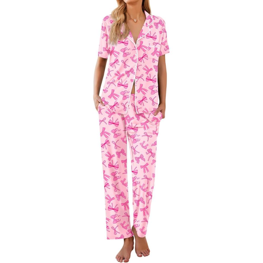imageEkouaer Women Pajamas Set Button Down Sleepwear Short Sleeve Nightwear with Long Pants Soft Pjs Set SXXLPink Bow Tie
