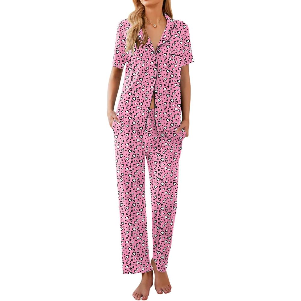 imageEkouaer Women Pajamas Set Button Down Sleepwear Short Sleeve Nightwear with Long Pants Soft Pjs Set SXXLPink Leopard An367