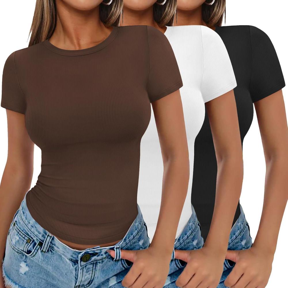 imageEkouaer Women Short Sleeve Shirts Lightweight Basic Tops Ribbed Knit Outfit Tees Crew Neck TShirts Work Out BlouseBlackBrownWhite